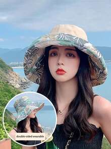 1pc Outdoor Wide Brim Sun Hat, Double-Sided Floral Pattern Reversible Sun Protection Beach Hat, UV Protection Bucket Hat