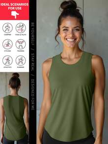 Army Green Women Sports Tank Top With Wide Shoulder Cut And Flowing Curved Hem Suitable For Gym Workouts Yoga Classes Outdoor Hiking And Versatile Everyday Styling - Army Green - View 5