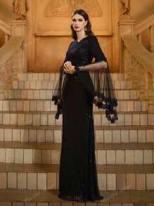 Black Sequin V-Neck Mesh Sleeves Prom Dress