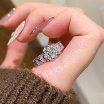 Bague élégante vintage avec décor floral et incrustation de zirconium, bague en or massif 14 carats à la mode pour femme avec décoration lavande