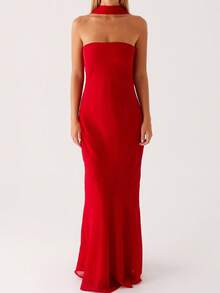 Womens Floral Strapless Dress With Scarf Y2k Backless Sleeveless Tube Maxi Long Dresses Sexy Mesh Bodycon Summer Beachwear - Solid Red - 查看 1