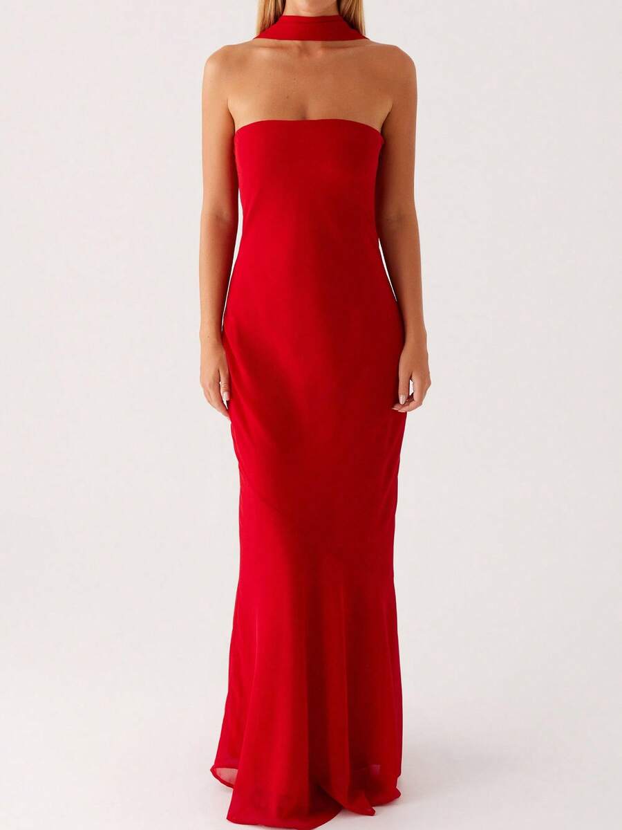 Womens Floral Strapless Dress With Scarf Y2k Backless Sleeveless Tube Maxi Long Dresses Sexy Mesh Bodycon Summer Beachwear - Solid Red - 查看 1