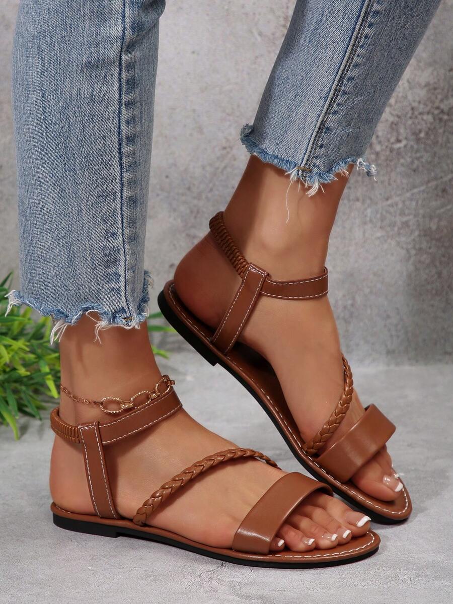 Stil european și american de mărime mare pentru femei, confortabile, cu bretele simple, cu flori mari, cu vârful pătrat, sandale plate, pantofi de vară pentru plajă. - Maro ruginiu - Vizualizare 1