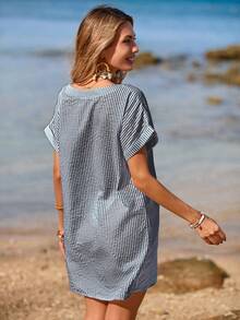 Women's Summer Striped Loose Casual Beach Vacation Coverup - Black - View 7