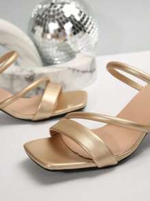 French Style White Simplistic Square Toe High Heel Sandals, Synthetic Leather Chunky Heel Suitable For Street, Dates, Parties, Banquets, And Work