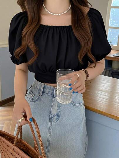 夏季休闲纯色泡泡袖短款衬衫