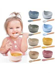 1 Set Of Baby Feeding Bowl And Spoon Set, Silicone Baby Bowl Suction With Wooden Spoon Silicone Suction Base Anti-Slip Baby First Feeding Set, Suitable For, Girls And Boys