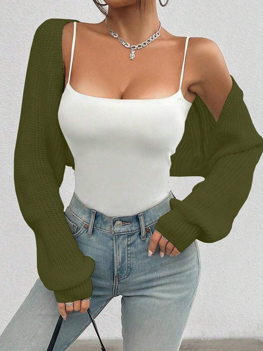 1pc Women Plain Color Ribbed Knit Short Style Minimalist Shrug Cardigan, Casual Summer Sweater - Olive Green - View 1