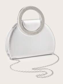 1pc Elegant Fashion Crystal Embellished Evening Bag, Romantic Artificial PU Leather Party Handbag, Luxury Glittery Formal Dress Clutch, Flap Cover Dance Prom Shoulder Chain Bag - Silver - View 5