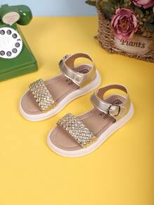 1 Pair Fashionable Casual Soft Platform Woven Design Girls Sandals, Suitable For Outdoor Walking, School, Home, Beach, Vacation For 3-15 Years Old Girls - Gold - View 5
