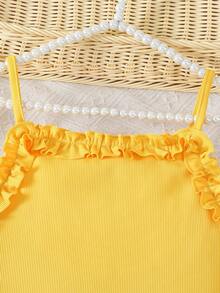 2Pcs Tween Girls Y2K Style Outfit - Yellow Ruffled Cami Top And Distressed Denim Shorts - Multicolor - View 3