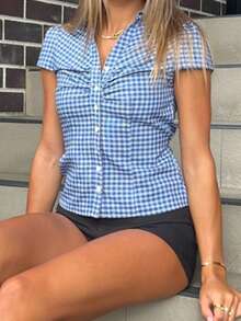 Women Y2k Short Sleeve Button Up Shirt Lapel Collar V Neck Plaid Open Front Blouse Basic Casual Going Out T-Shirt - Blue - View 4