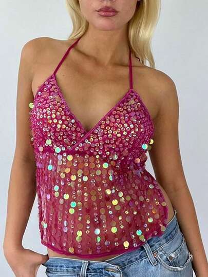 Women's Sequins V-Neck Halter Vest TankTops Summer Sleeveless Backless Slim Fit Tie Up Tops