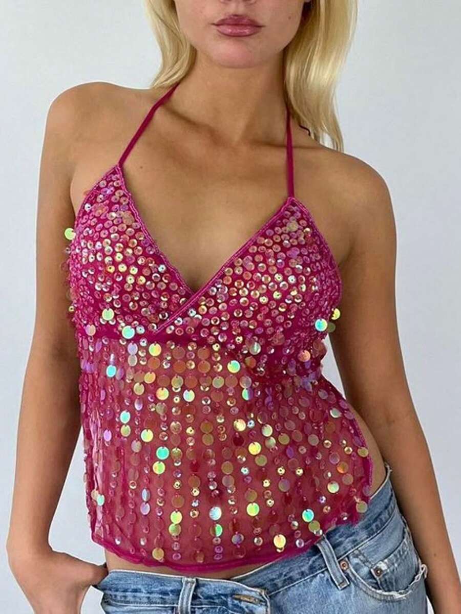 Women's Sequins V-Neck Halter Vest TankTops Summer Sleeveless Backless Slim Fit Tie Up Tops - 玫紅色 - 查看 1
