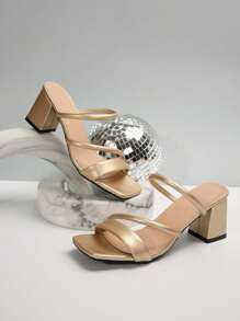 French Style White Simplistic Square Toe High Heel Sandals, Synthetic Leather Chunky Heel Suitable For Street, Dates, Parties, Banquets, And Work