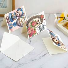 6 Packs 5D DIY Diamond Painting Greeting Cards, Owl, Hedgehog & Bear Designs, Handmade Diamond Art Greeting Card Kits Craft Kit With Asymmetrical Shaped Diamonds, Creative Gift For Christmas, Thanksgiving & Special Occasions