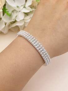 1 set/Múltiple Pulsera de tenis con banda elástica y perlas falsas, color dorado 3MM