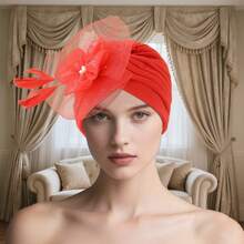 1pc Women's Elegant Pleated Solid Color Headband Cap, Fashion European & American Style With Mesh Floral Feather Decoration, Suitable For Tea Party, Cocktail Party And Wedding - Multicolor - View 5