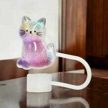 1/2/3 件闪亮树脂迷你猫吸管顶饰 - 彩虹和紫色闪光设计，可重复使用的闪光小猫设计 - 粉色 - 查看 9
