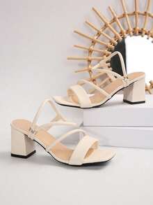 白色极简法式方头高跟凉鞋，合成皮革，粗跟，适合街头，约会，派对，宴会，通勤，商务 - 米色 - 查看 6