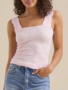 女式花卉图案针织短款上衣，性感方领宽肩带短款背心，柔软百搭休闲分层，无袖瑜伽紧身基本款运动服，夏季上衣，女士夏季 - 粉色 - 查看 4