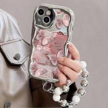 Pink Butterfly Newspaper Pattern, Equipped With Pearl Bracelet Lanyard, New Fashionable Design, Unisex High-End Protective Hard Case Suitable For 16, 15, 14, 13, 12 11 Pro Max/ Pro/ Plus Phone Cases.