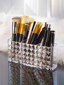 1 pieza Organizador de brochas de maquillaje de acrílico, caja de almacenamiento de cosméticos con 3 compartimentos y soporte para bolígrafos, organizador de escritorio para brochas de maquillaje, bolígrafos, lápices, taza, almacenamiento de cepillos de dientes y pasta de dientes, caja de almacenamiento de artículos de papelería, caja de almacenamiento de herramientas para uñas, regalo para mujeres, regalo de Navidad, ideas de regalo para mujeres - transparente - Ver 5