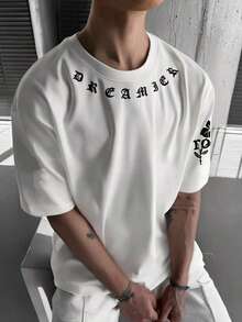 Camiseta de manga corta casual con cuello redondo para hombre, con estampado de letra y floral - Multicolor - Ver 2