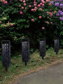 4pcs Solar Garden Retro Hollow Floor Lamps, Outdoor Path Lights, LED Landscape Lights, Hollow Pattern Design, Easy To Semi Embedded Installation, Suitable For Courtyard, Yard, Garden, Path, Lawn, Street, Party Decoration