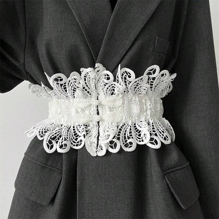 Spitze Taillengürtel für Frauen, elastisch verstellbarer Boho-Stil Gürtel, geeignet für Kleider, Anzugjacken, Mäntel, passend für Taillen von 65-100cm, ganzjährig für Sommer, Schule, Herbst, Halloween - Weiss - Übersicht 1