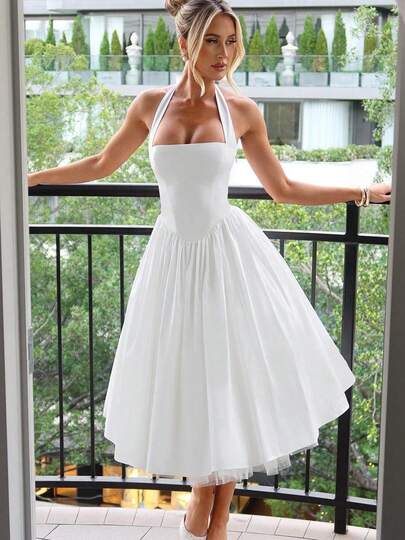 Women Solid Color Tutu Dress Elegant Tie-Up Halter Neck Sleeveless Open Back Cross A-Line Midi Tank Dresses Cocktail Party Club Streetwear