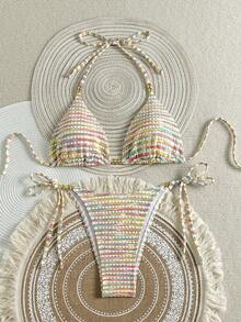 多色条纹优雅性感串珠吊带开叉比基尼套装