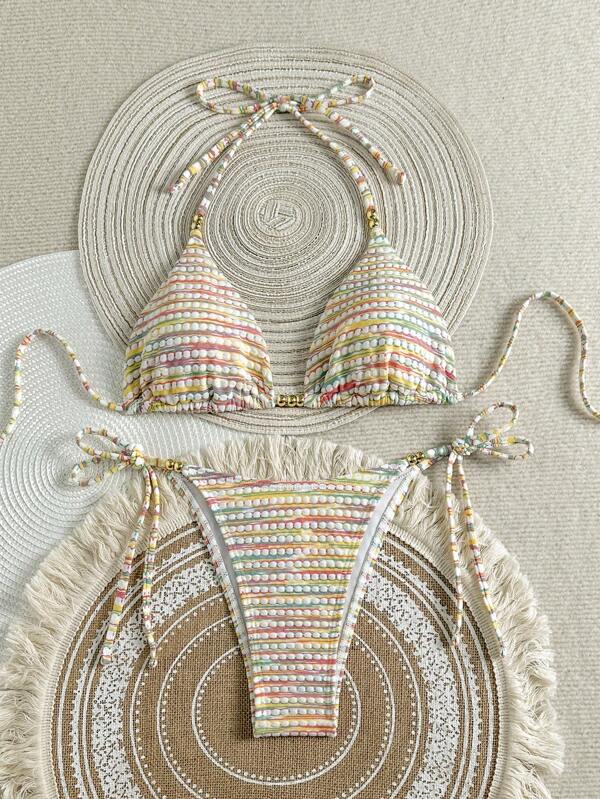 Multicolor Striped Elegant Sexy Beaded Halter Neck Split Bikini Set