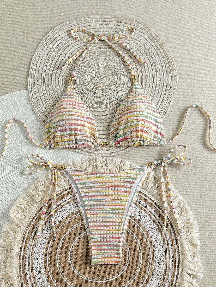 多色条纹优雅性感串珠吊带开叉比基尼套装