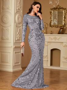 hezixi Women's Round Neck Long Sleeve Mermaid Hem Sparkly Sequin Dress, Comfortable To Wear, Suitable For Different Figures, Can Be Worn As Party Dress, Wedding Guest Dress, Formal Dress, Evening Gown, Etc. - Màu xám đen - Xem 1