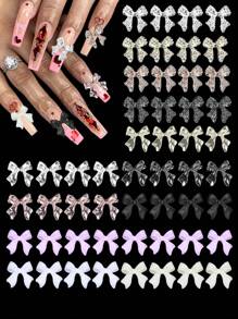 Bows Nail Charms, 140 Pcs Bow Nail Bow Charms, Black Golden Silver Pink Bows Tie Shapes Acrylic Nail Art Charms, Bowknot Faux Pearls Nail Gems Charms For Y2K Nail Decor