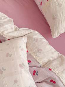 4Pcs Children Cute Cherry Print Bedding Set (1*Duvet Cover + 1*Flat Sheet + 2*Pillowcases), Plaid Pattern, Fuchsia Cherry And Solid Fuchsia, Vivid And Beautiful, Soft Touch, Skin-Friendly, 100% Polyester, Suitable For All Seasons - Hot Pink - View 5