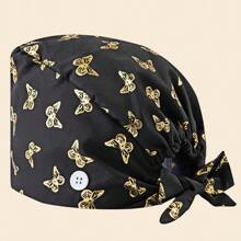 1pc Premium Polyester Material Butterfly Print Thermal Transfer Gold Design Scrub Cap, Anti-Bacterial And Dust-Proof, Elastic Back, Side Mask Hanging Buckle, Suitable For Doctors, Nurses, And All Hospital, Beauty Salon, And Veterinary Clinic Workers