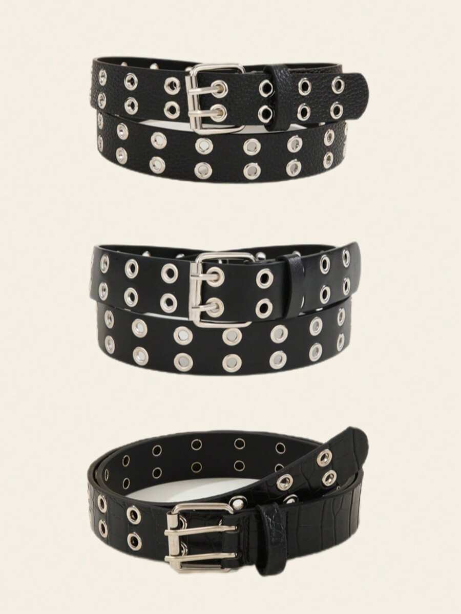 1 Pc Punk Style Metal Grommet Adjustable Waist Belt, Casual Wear Fall, Autumn, Halloween Autumn-Winter Accessories,Suitable For Teens, Youth,Men,Casual, Outdoor, Athletic, Vacation, Graduation Gifts, Birthday, Daily Wear - Black - View 1