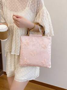 1 peça bolsa de mão de bambu retrô com decoração de borboletas e jacquard rosa, bolsa feminina elegante e moderna para viagens e lazer no verão - Branco - Ver 2