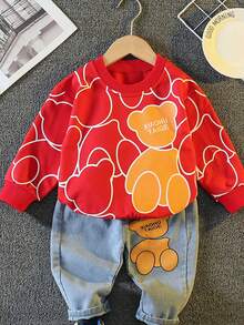 Children's Cartoon Round Neck Sweater Jeans Two-Piece Set - Red - View 1