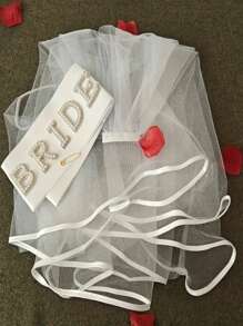 1 Conjunto Alça de Véu de Noiva, Fita de Cetim com Letra de Pérola Artificial, Decoração de Vestido de Noiva, Véu de Noiva, Adequado para Casamento e Despedida de Solteira