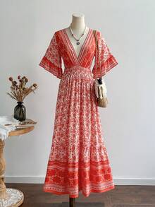 Rusttydustty Women's Blue Floral Print Crossover V-Neck Flare Sleeve Dress, Boho Music Festival Beach Outfit, Tropical Vacation Elegant Summer - Orange - View 4