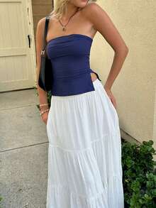 Women Tube Tops Solid Color Slit Strapless Tank Tops Summer Backless Bandeau Shirts Streetwear - 藏蓝色 - 查看 1
