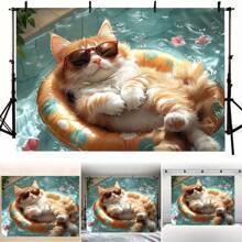 1 Fun Pool Cat Banner, Equipped With Fashionable Glasses And Inflatable Lifebuoys - A Magical Orange White Cat In The Water, Suitable For Indoor And Outdoor Activities, Courtyard And Garden Celebrations Decoration | Fun Patterns | High-Quality Background