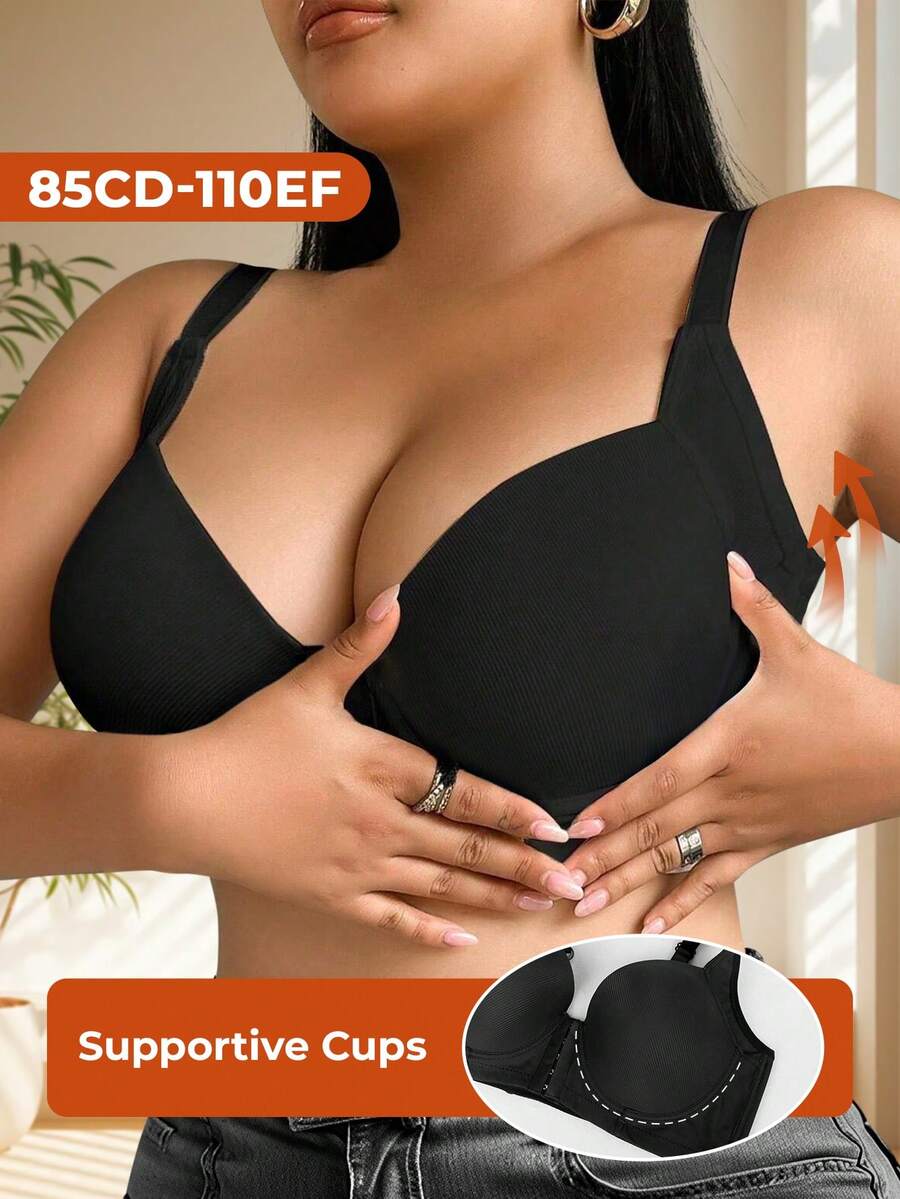 MIOTAN Plus Size Women Lace Front Closure Solid Color Fashion Supportive Underwire Bra - Black - View 1