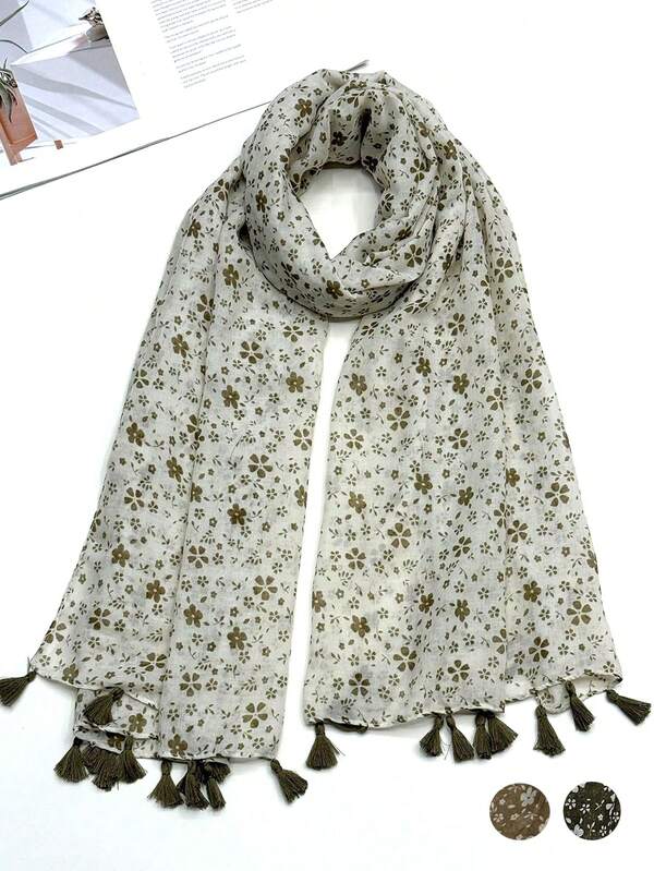 女士波西米亚风印花围巾，时尚真丝披肩，春夏款，防晒，可用作沙滩巾、头巾、披肩等。