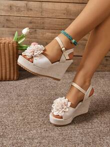 Women's Floral Decor Rope Sole Sandals, Resort Style Summer Pink Wedge Sandals - Beige - View 2