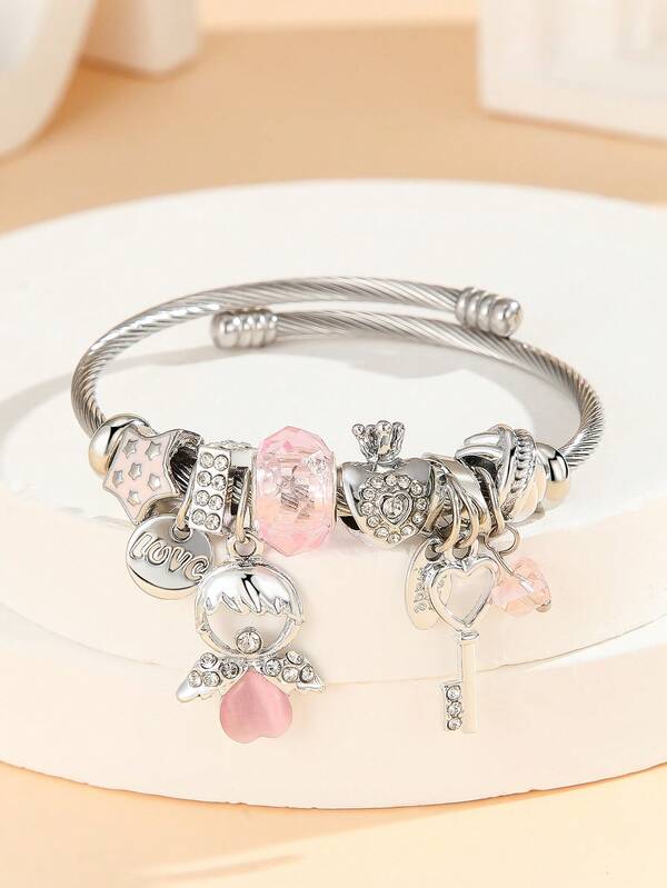 1 قطعة سوار من الصلب المقاوم للصدأ مع تعليقات من الراين جوهرة،بجعة،حقيبة، وحشرة،أزهار، ملاك، مفتاح، تاج، مناسب كهدية مجوهرات للنساء في المناسبات، عيد الحب، الأم، عيد الأم