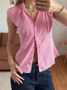 Women Plaid Shirt, Short Sleeve Button Closure Summer Tops Streetwear For Casual Daily - Pink - View 3